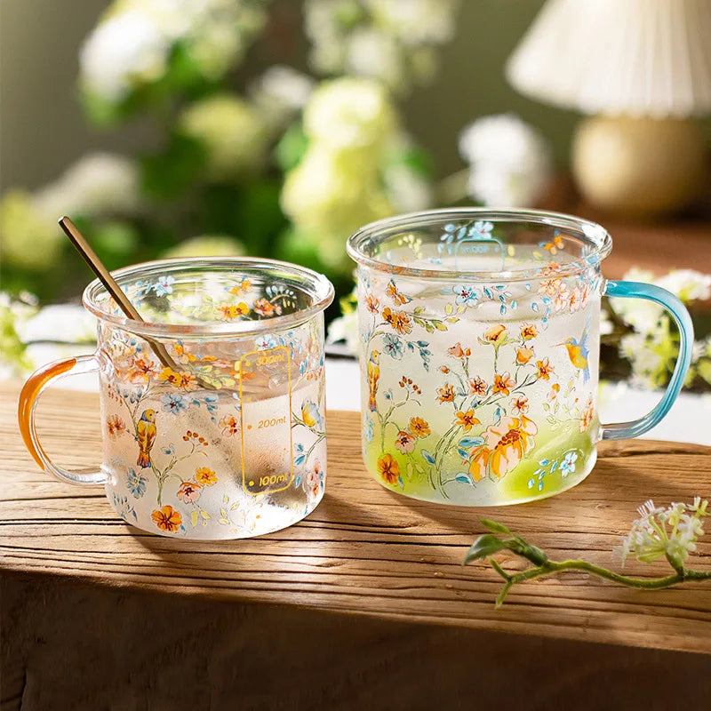 Ins Heat Resistant Large Capacity Scale Glass Milk Cup Creative Flower Printing Glass Breakfast  Mug
