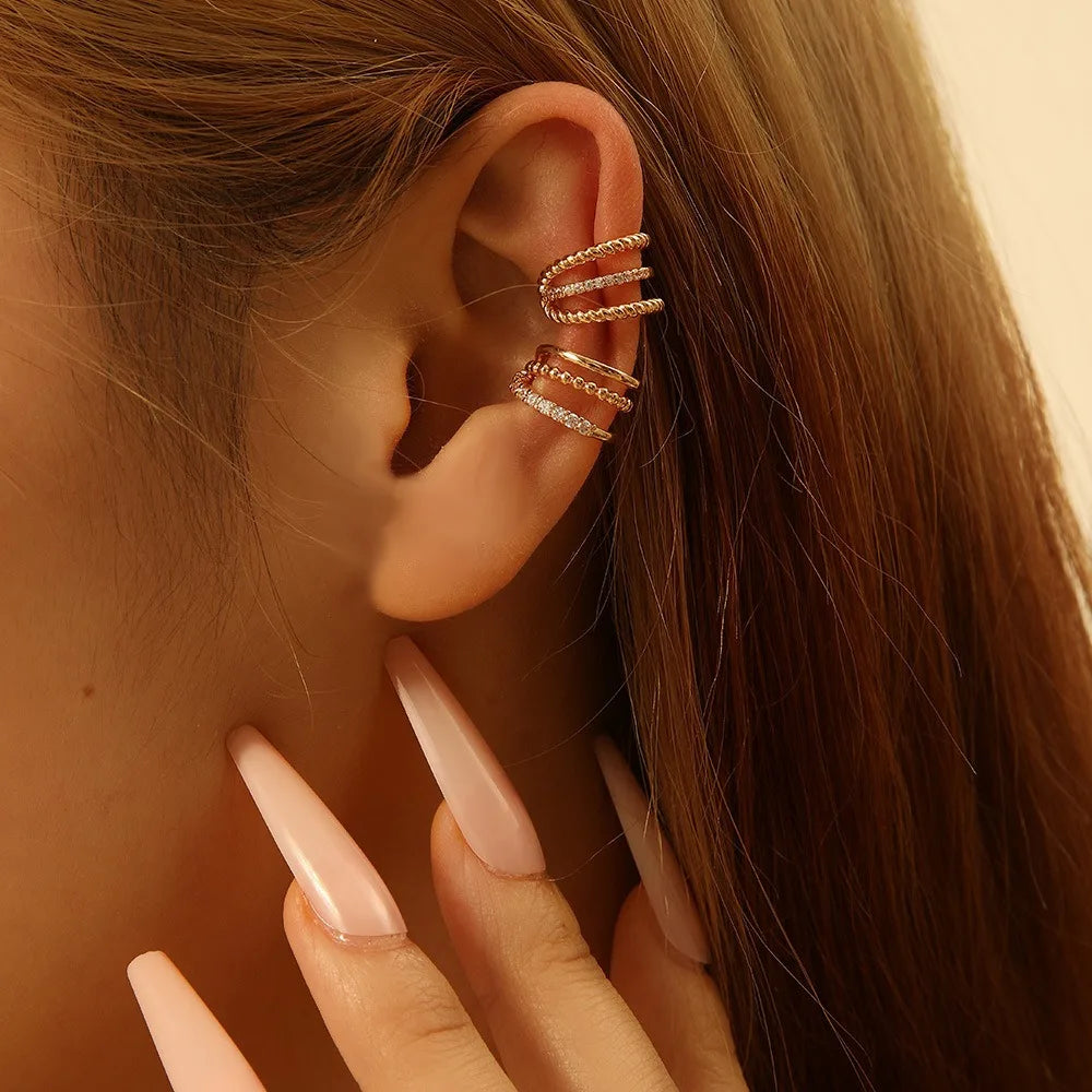 Elegant High-End Korean Style Geometric Multi-layer Zircon Ear Cuff Fashionable Trendy Copper Clip-on Earrings Women Perfect