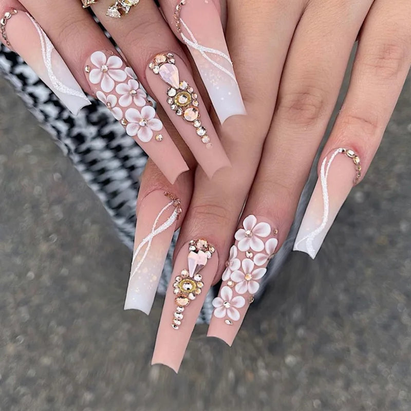 Luxury Label Long Ballerina Rhinestone Flower False Nails Custom Gel Glue for Cover Artificial Art Press on Nails French Tip