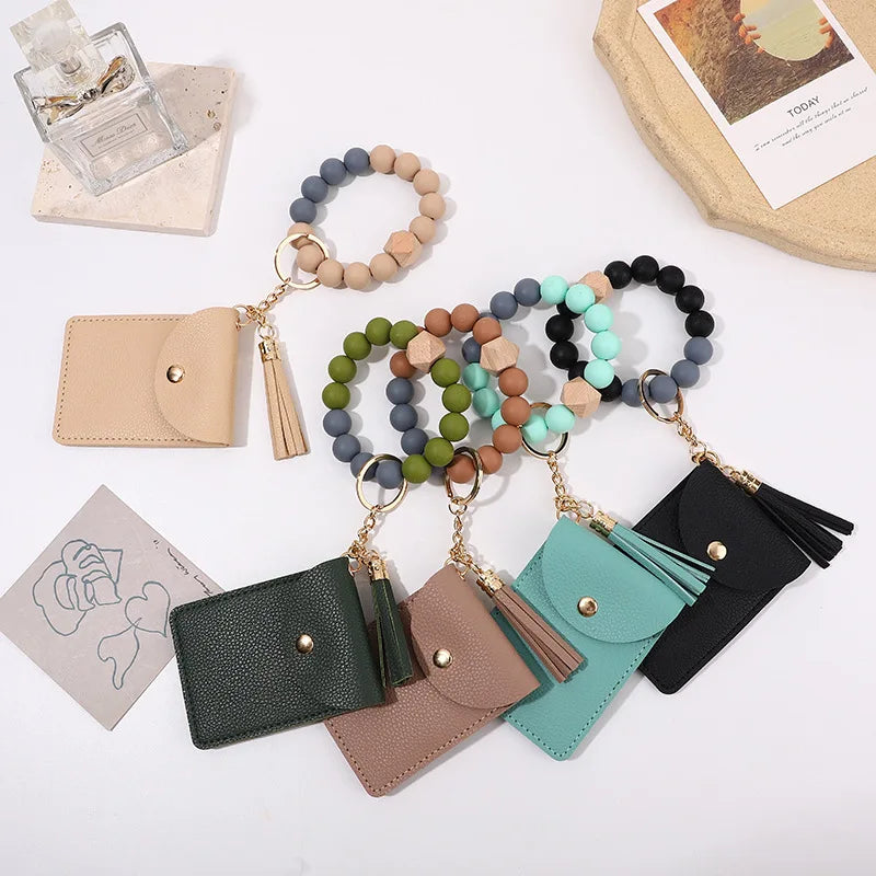 2026 New Plain Silicone Beads Bracelet PU Leather Card Holder with Tassel Women's Wallet Leather Tassel Key Chain
