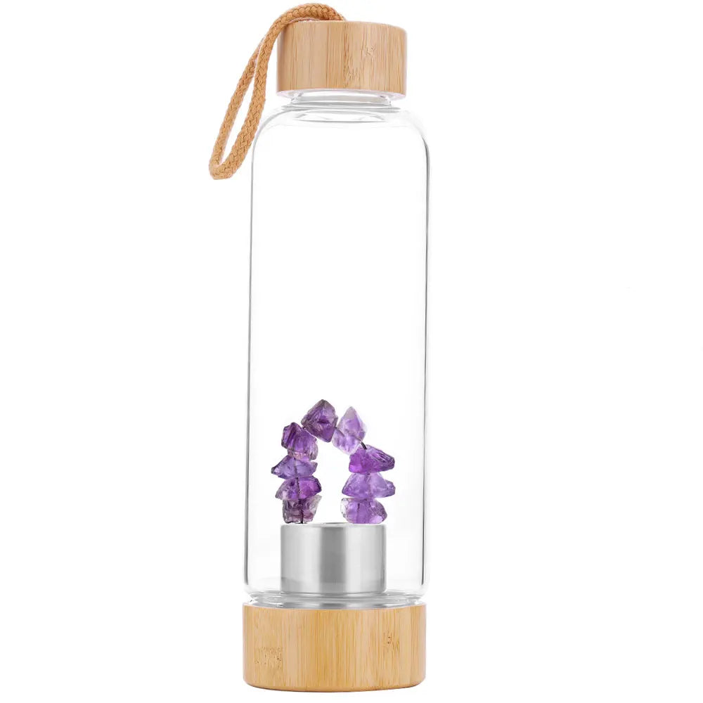2021 Wholesale Natural Stone Infused 500ml Bamboo Lid Crystal Glass Water Bottle Healing Crystal Borosilicate Glass Water Bottle