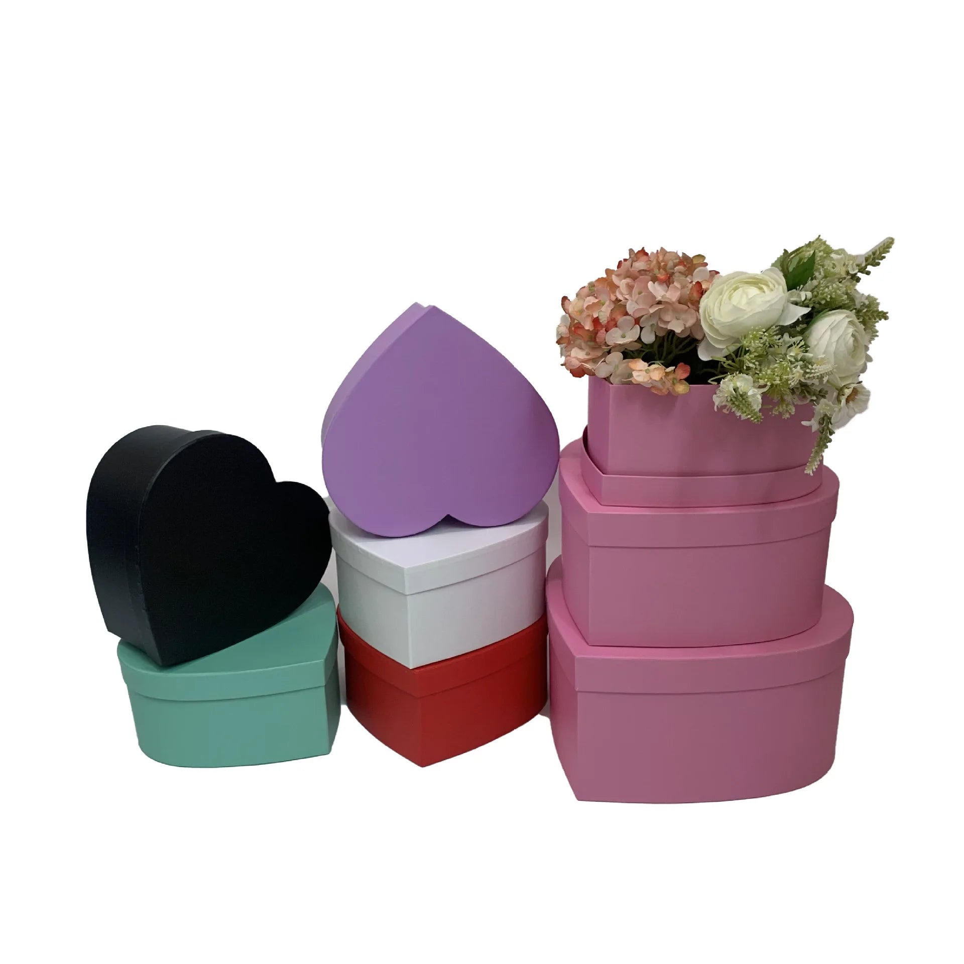 Solid Color Heart-shaped Set of Three Flowers Basic love Flower Box with Hand Gift Box