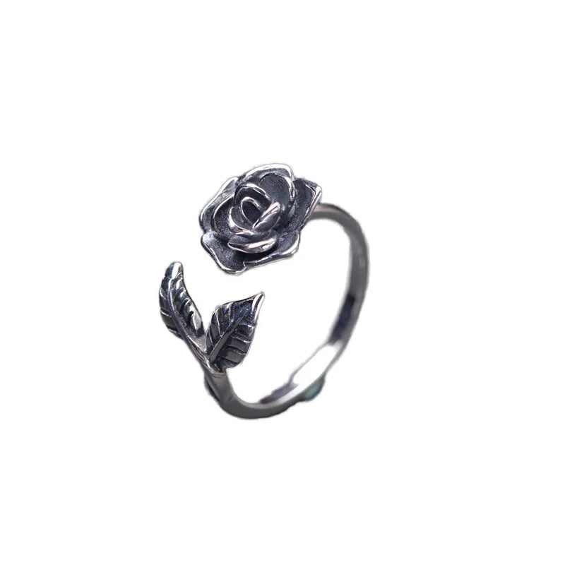 S925 Sterling Silver Rose Ring for Women Open Design Chinese Wind Thai Craft Fashion Jewelry for Anniversary Birthday Gifts
