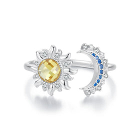 925 Sterling Silver Sun & Moon Adjustable Ring CZ Yin Yang Balance Energy Stackable Gift for Teens Women (Sizes 5-9) BSR546-E