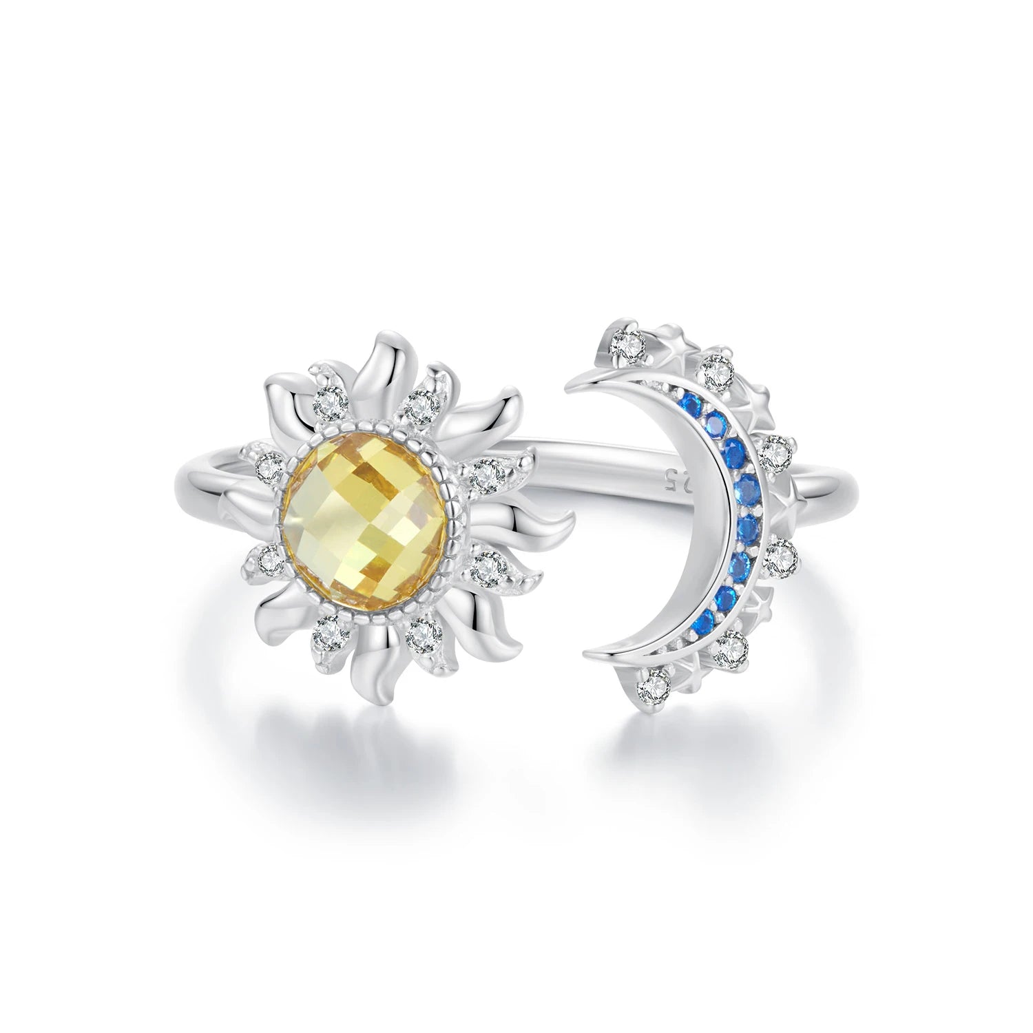 925 Sterling Silver Sun & Moon Adjustable Ring CZ Yin Yang Balance Energy Stackable Gift for Teens Women (Sizes 5-9) BSR546-E