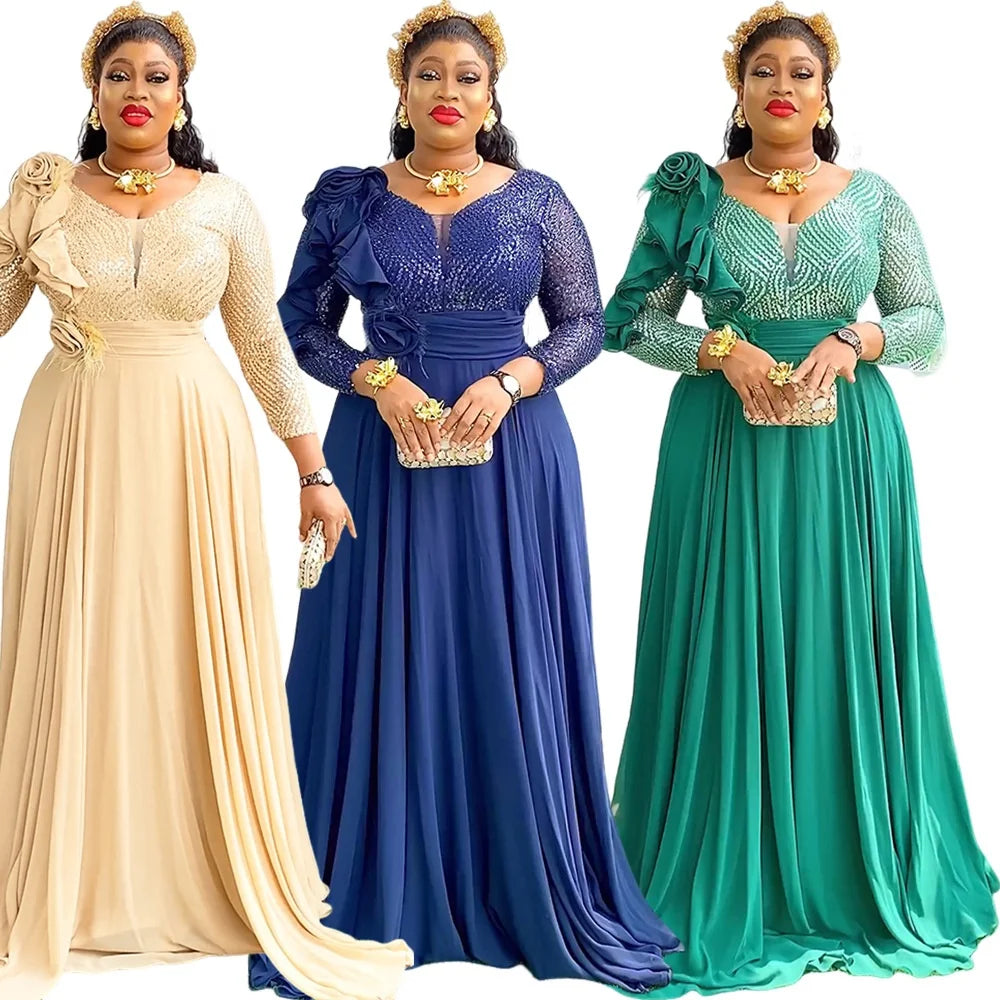 Ohsisa 2025 Women's African Style Plus Size Long Sleeve Sequined Flower Dress Elegant Fashion High Waist Evening Gown