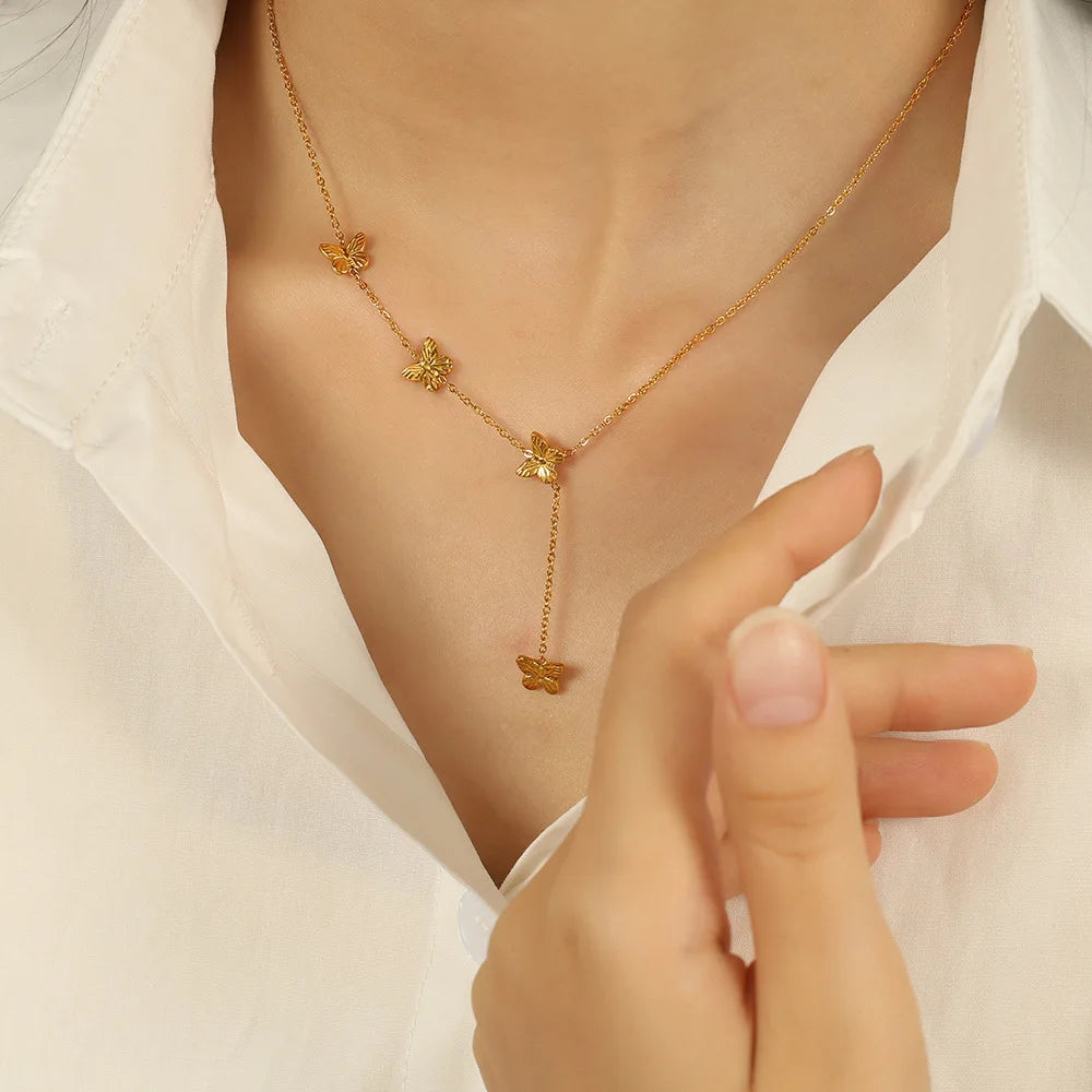 Minimalistich Stainless Steel Gold Butterfly Lariat Necklace Waterproof Religious Cute Jewelry Gift for Women's Parties Trendy