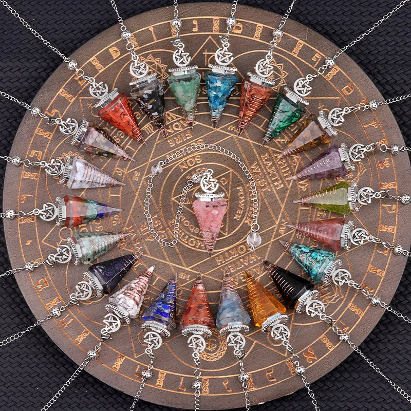 Moon Star Hexagonal Cone Crystal Agate Semi-Precious Stone Resin Chakra Healing Pendulum Pendant Feng Shui for Love Theme Party