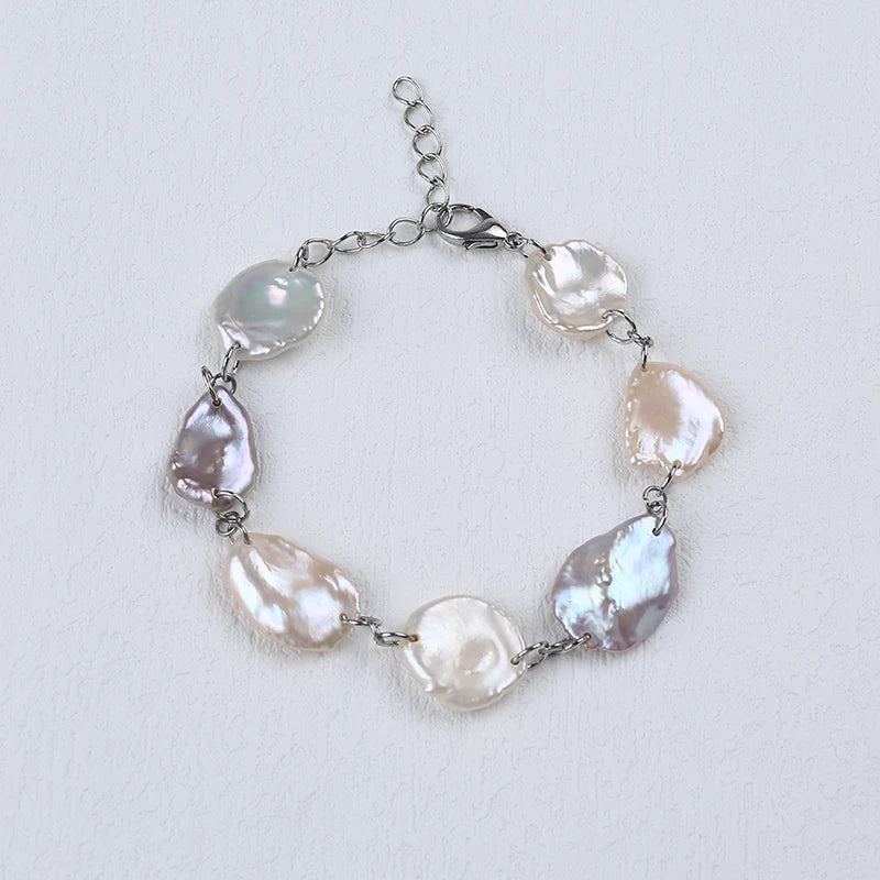 Handmade 17-18mm White Pink Purple Freshwater Keshi Pearl Bracelet Woman
