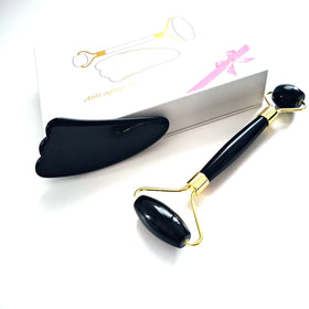 DIY MOQ Custom Black ObsidianJade Roller Set Manufacturer Quartz Jade Face Roller Gua Sha Stone Massage Tool Set for Anti Aging