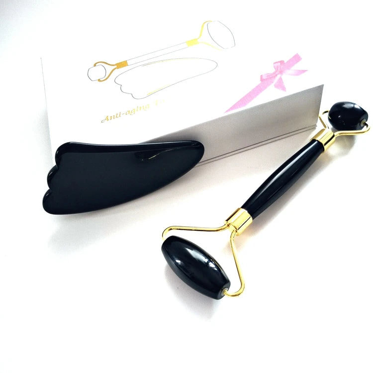 DIY MOQ Custom Black ObsidianJade Roller Set Manufacturer Quartz Jade Face Roller Gua Sha Stone Massage Tool Set for Anti Aging