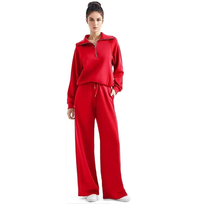 European American 2025 Autumn Winter Leisure Sports Suit Zipper Long Sleeve Wide Leg Pants Stand Solid Color Casual One Set