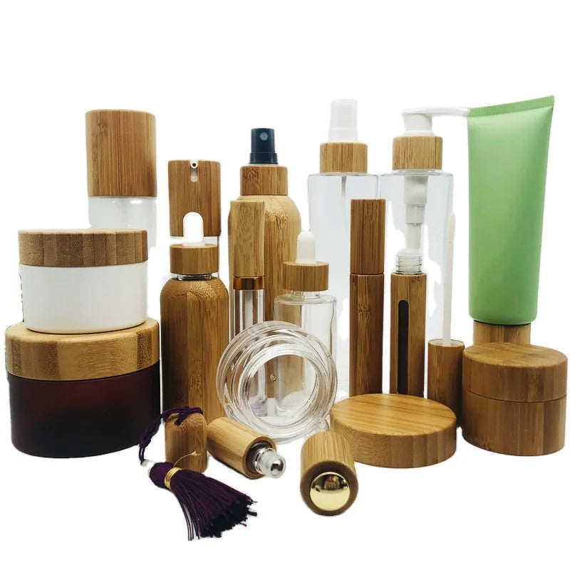 Cosmetic Containers 100% Organic Wood Bamboo Glass Jar/Bottle Cosmetic Packaging Makeup Lotion Biodegradable Wooden Cream Bottle