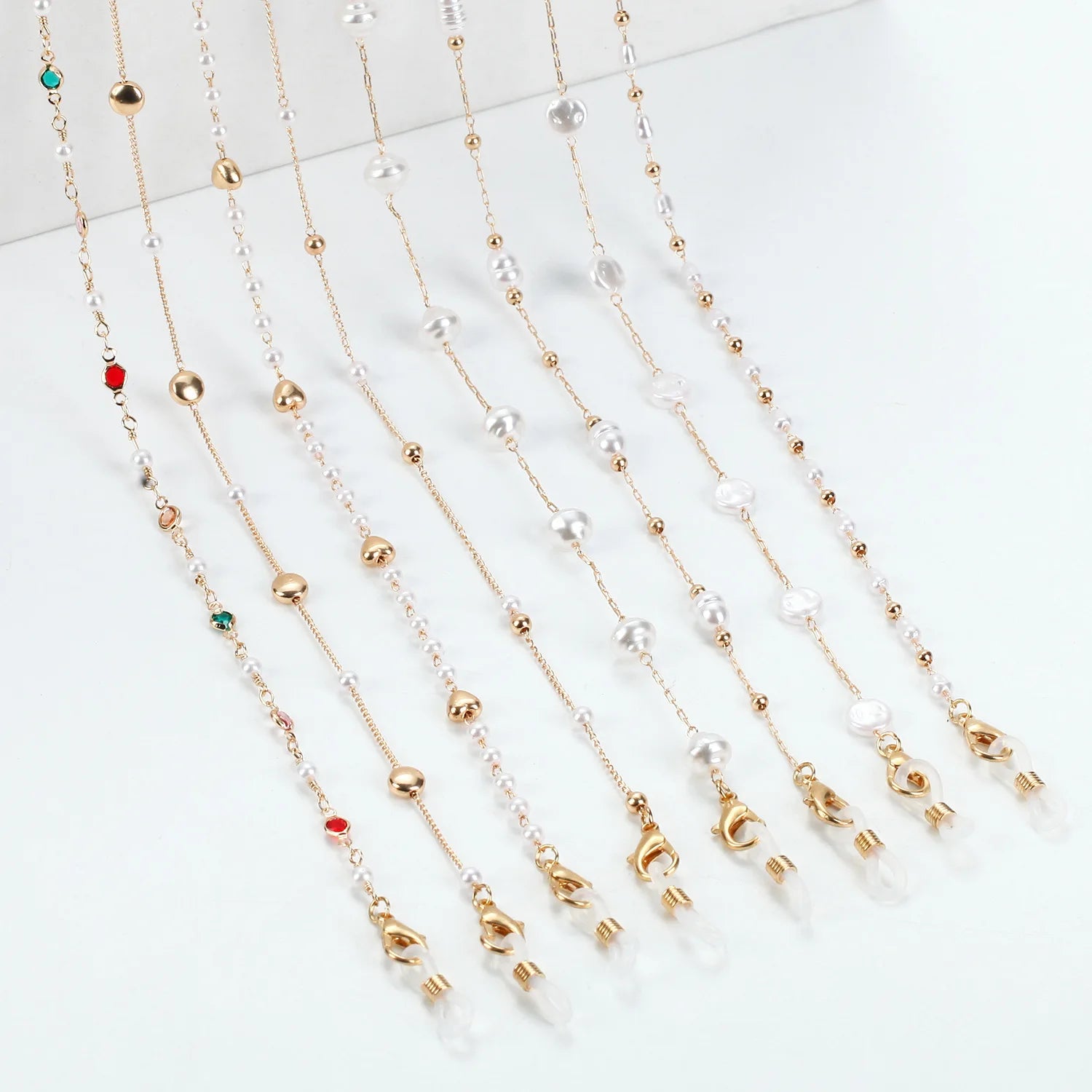 Newest Women's Gold Hanging Neck Thin Glasses Chain with Pearl Metal Material