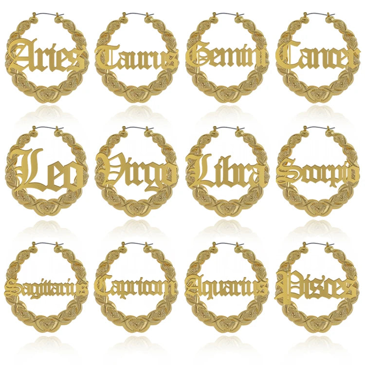 Personalised Custom Xoxo Bamboo Name Hoop Zodiac Alloy Earrings Women Designer Jewelry