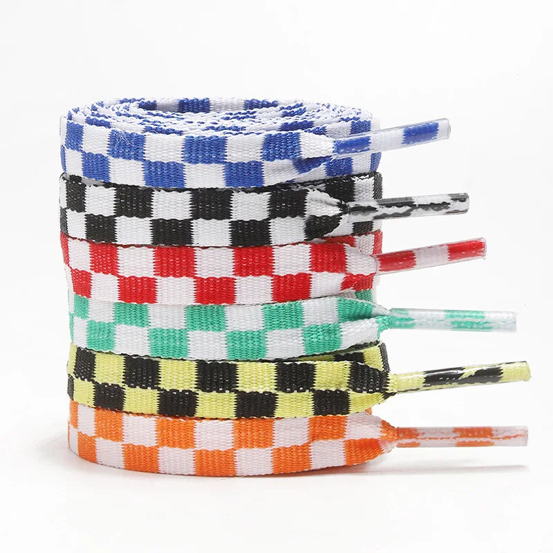 8mm Width Checkered Flat Shoe Laces 100-180cm 6 Colors Colorful Fashion Shoelaces Custom Logo Supported Made of Polyester