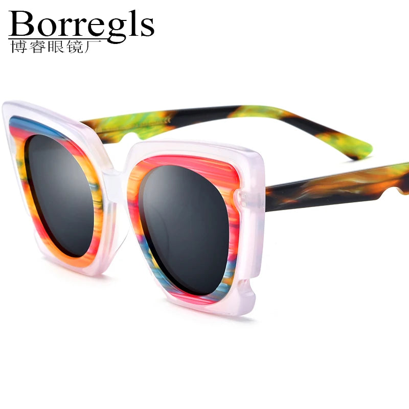 Borregls Multicolor Acetate Polarized Sunglasses Women 2025 New Brand Designer Oversize Big Mirrored Cat Eye Sun Glasses 19353T