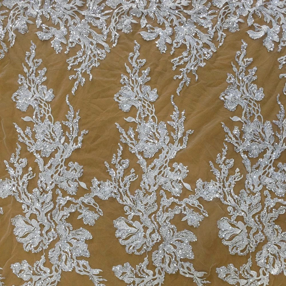 HY1696 French 3d White Lace Wedding Fabric Sequin Fabric Beaded Tulle Lace Married White Wedding Fabric