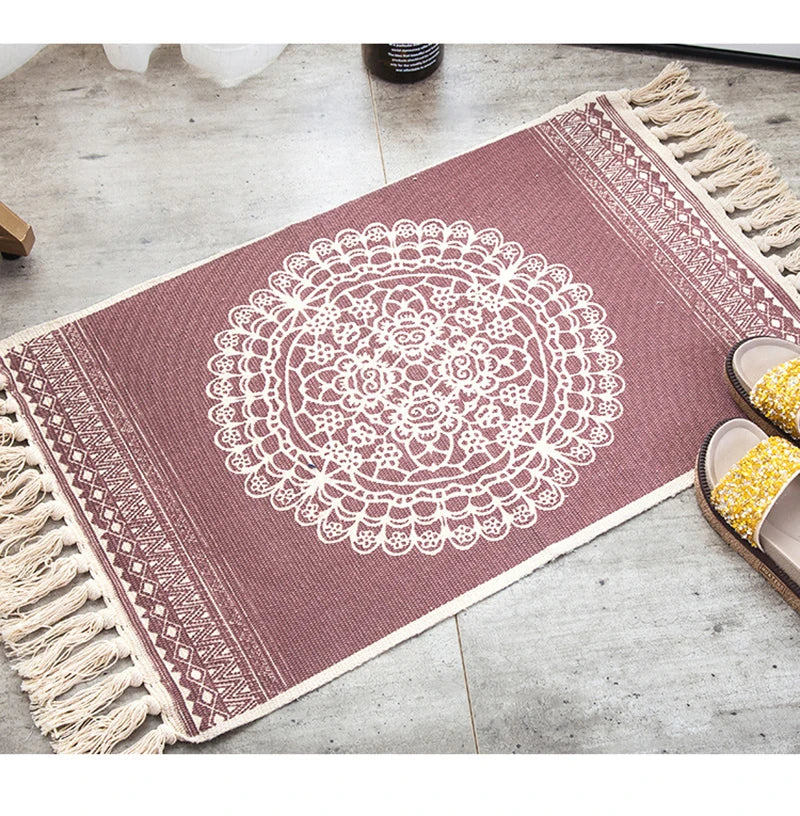 Hot Sale Bohemian Bedside Rug Geometric Design Hand Woven Cotton Linen Carpet Machine Made Floor Mat for Living Room Bedroom