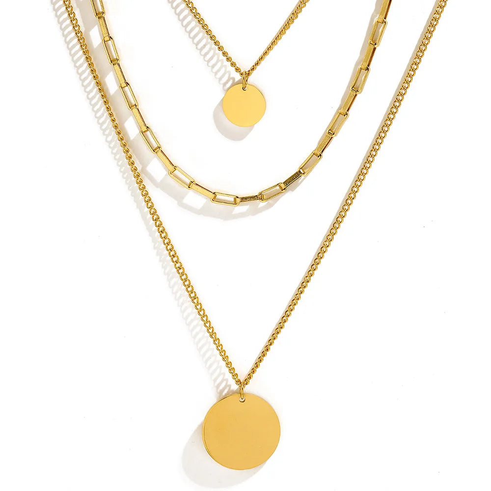 European American Style Trendy Luxury Gold Plated 316L Stainless Steel Three-layer Chain Multi-layer Necklace Pendant for Women