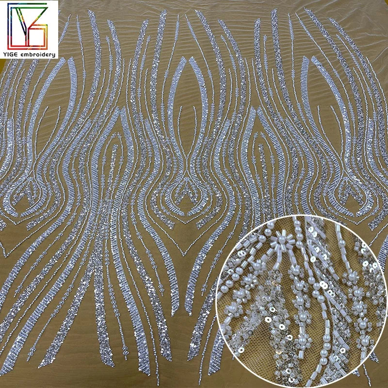 White Heavy Beaded Lace 100% Polyester Tulle Embroidery Wedding Dress Beading Fabrics Bridal Laces Fabrics for Women