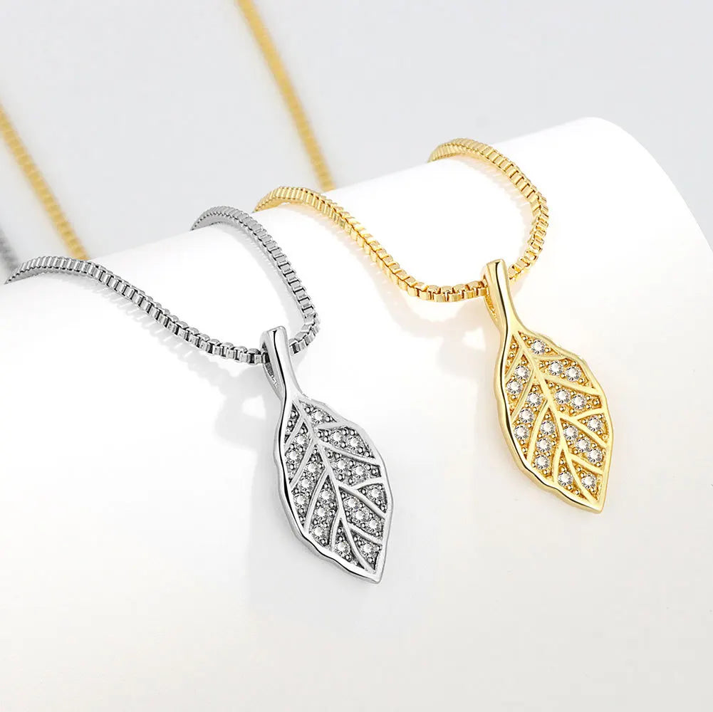 Popular 925 Sterling Silver Gold Plating CZ Zircon Leaf Pendant Necklace for Women Wholesale
