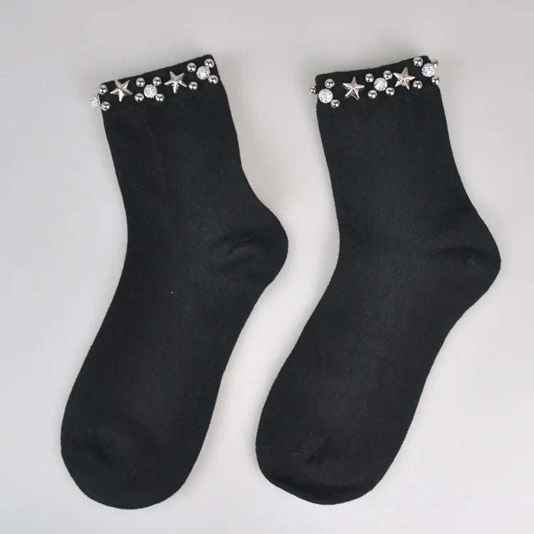 High Pearl Women's Crew Socks Knitted Ankle Socks with Beads Spring Season Print Bottom and Body Logo Cuff Logo