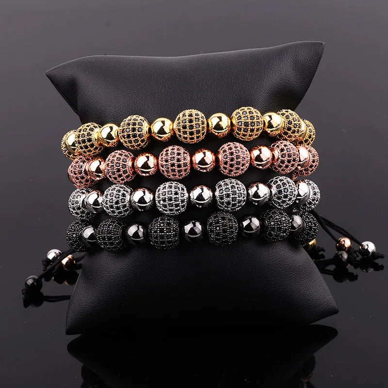Renting Jewelry Luxury Black CZ Pave Disco Ball Woven Macrame Adjustable Bracelet for Men