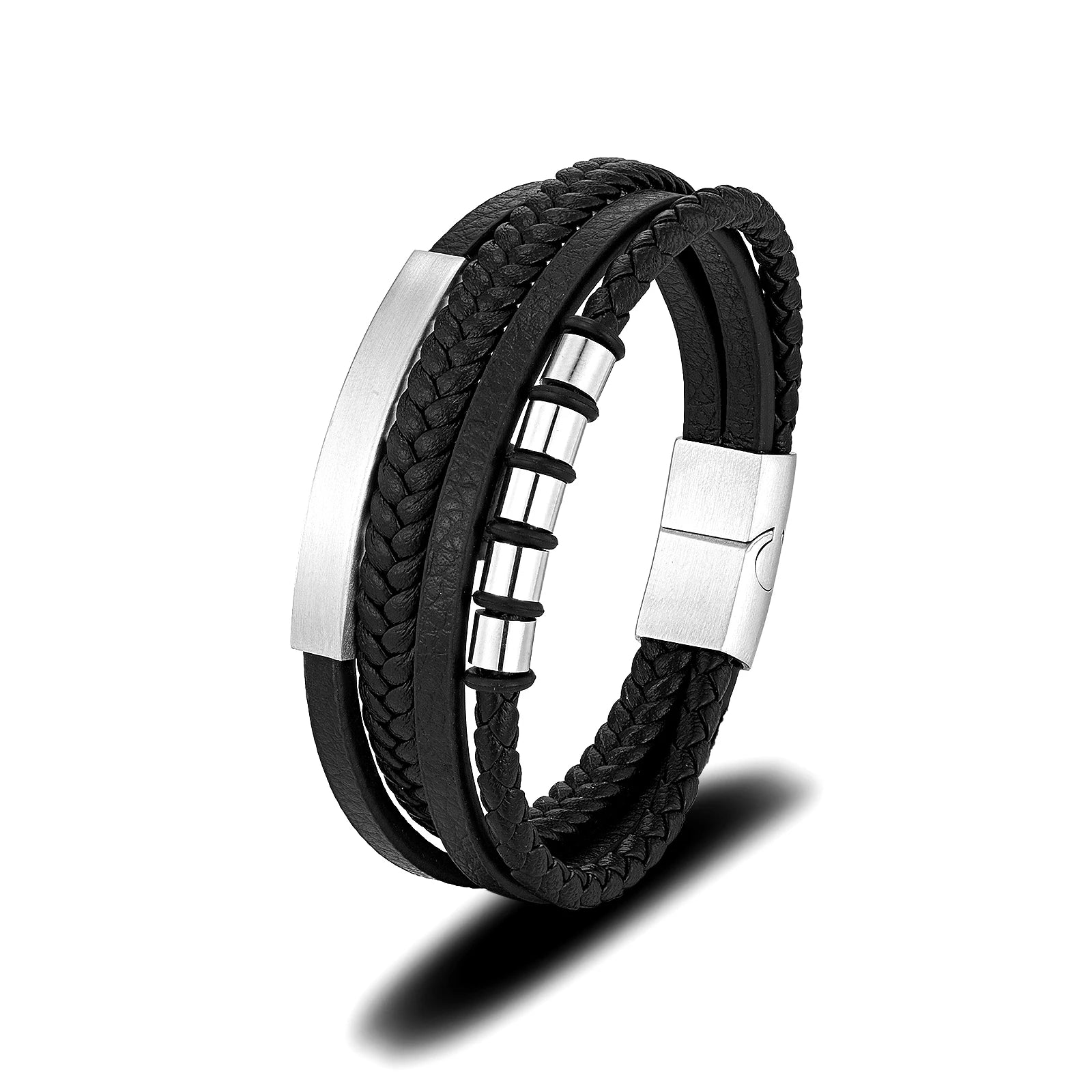 Fashion Wholesale Men Multilayer Leather Cuff Bracelet Stainless Steel Leather for Male Bracelets Jewelry
