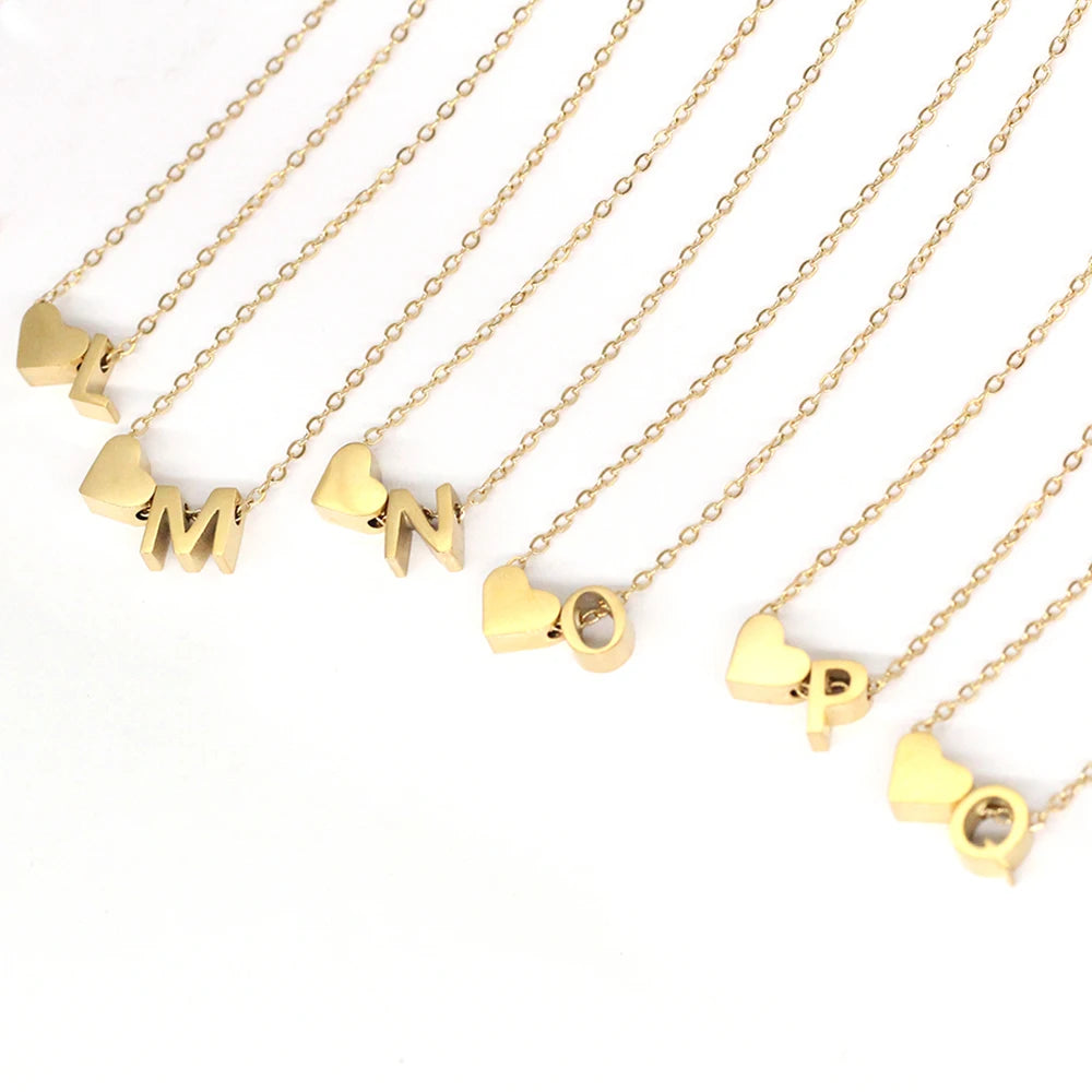EManco DIY Gift Simple Women Necklace 26  Letter A-z  Initial Love Heart Gold Necklace Stainless Steel