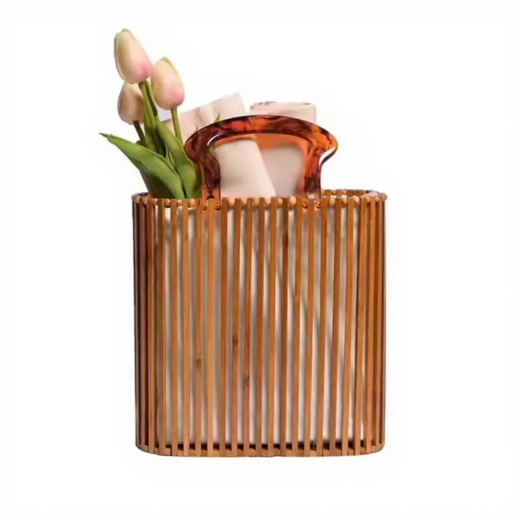 Top Seller Women's Portable Bamboo Woven Waterproof Clutch Bag Handmade Semi-Round Bamboo Root Handbag Open Summer Autumn