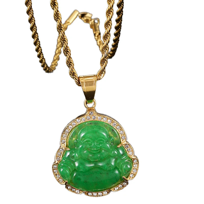 Hot Selling Hip Hop Jewelry Gold Plat Buddha Charms Necklace Religious Maitreya Carved Jade Buddha Pendant Necklace for Men