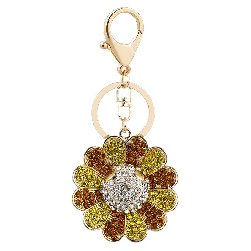 Fashion Gold Metal Sun Flower Pendant Key Chains Colorful Rhinestone Sunflower Keychain for Couple