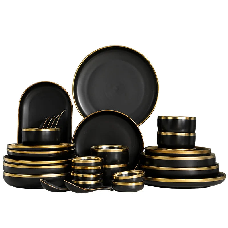 Hot Sale Luxury Black Porcelain Dinnerware Set Modern Ceramic Plates for Home Party Wedding Restaurant Use