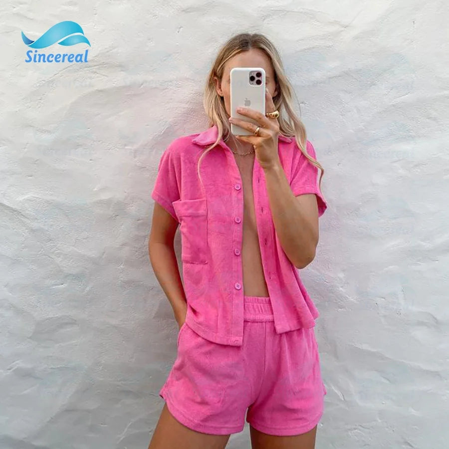 Custom Beach Women Fashion Summer Terry Sets Shirt and Shorts Set Summer Women 2 Piece Shorts Set Clothing