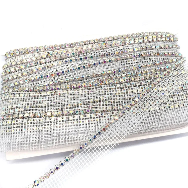 High Quality One-Row AB Clear Rhinestone Fabric Trimming Sew-On Banding Pointback Rhinestone Net Trim for Clothing Customizable