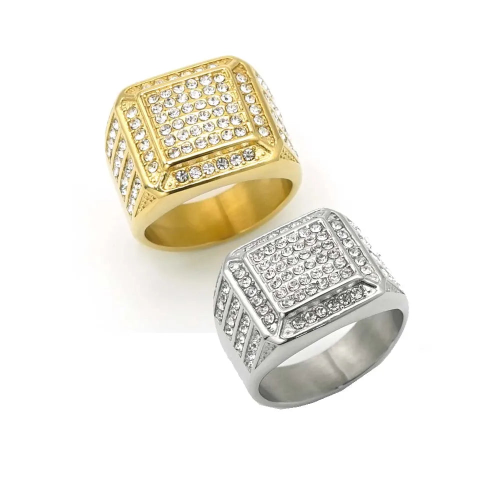 Hot Sale Hip Hops Engagement Wedding Zircon Ring Charm Jewelry for Men Silver Gold Stainless Steel Rings