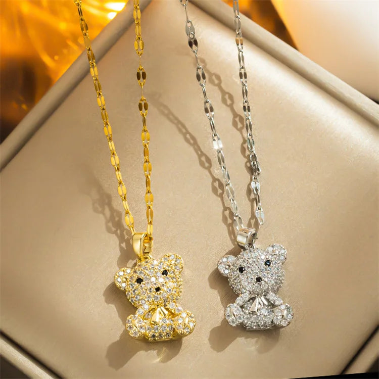 Wholesale New Fashion Jewelry Stainless Steel 18k Gold Plated Cute Diamond Bear Necklace Women