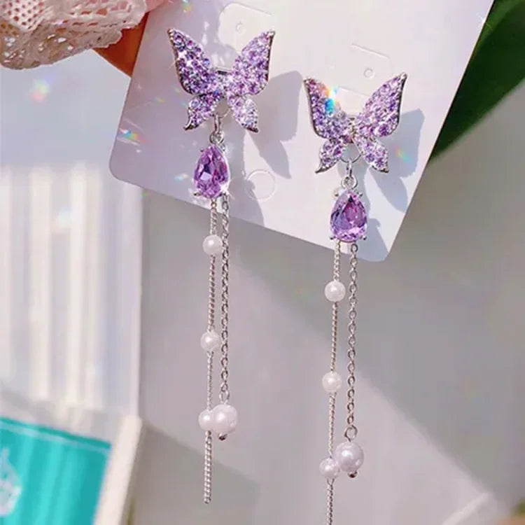 SP S925 Silver Needle Sweet Long Tassel Purple Crystal Rhinestone Butterfly Earrings for Women