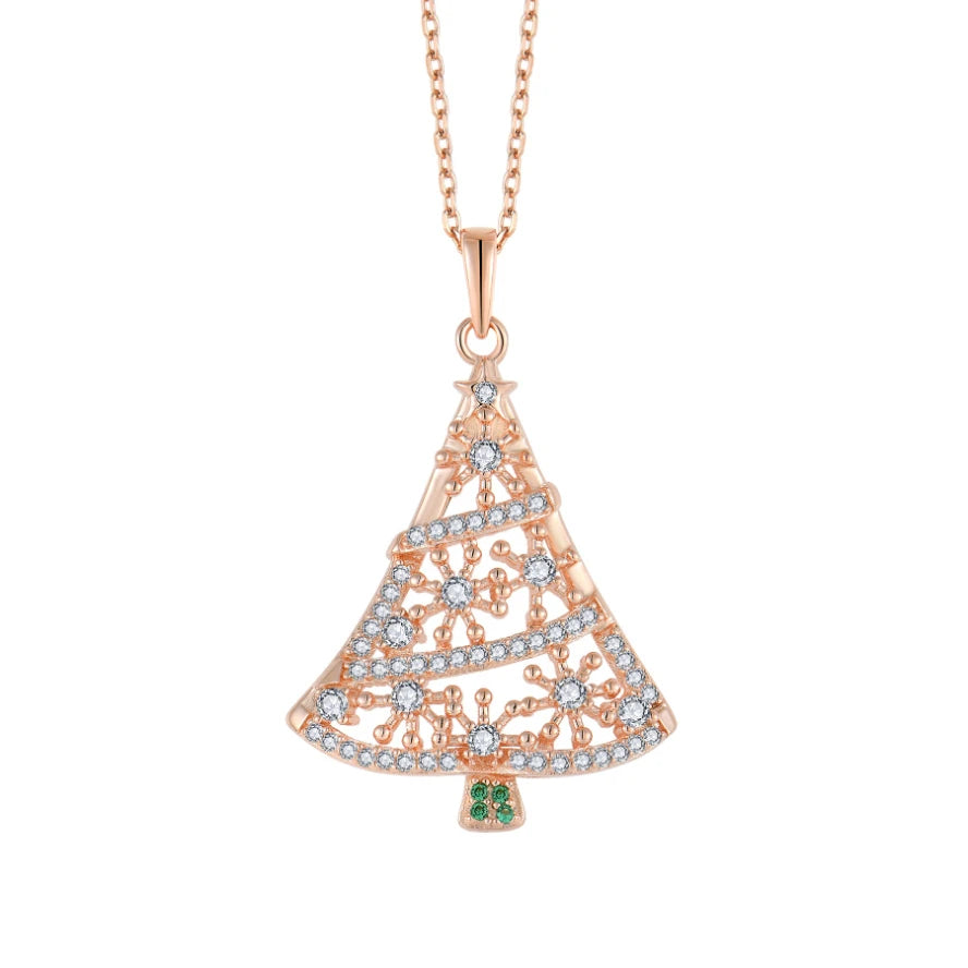 Elegant Rose Gold Plated 925 Sterling Silver Christmas Tree Pendant Necklace Green Emerald Clear Cubic Zircon for Engagement