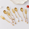 Elegant Gold Stainless Steel 304 Dessert Fork Spoon England Business Gift with Long Ceramic Handle for Coffee and Tea
