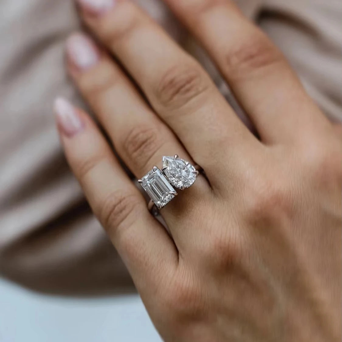 18K Gold 1CT Emerald Cut & Pear Cut Lab Grown Diamond Two-Stone Engagement Ring with IGI Certification Customizable Jewelry