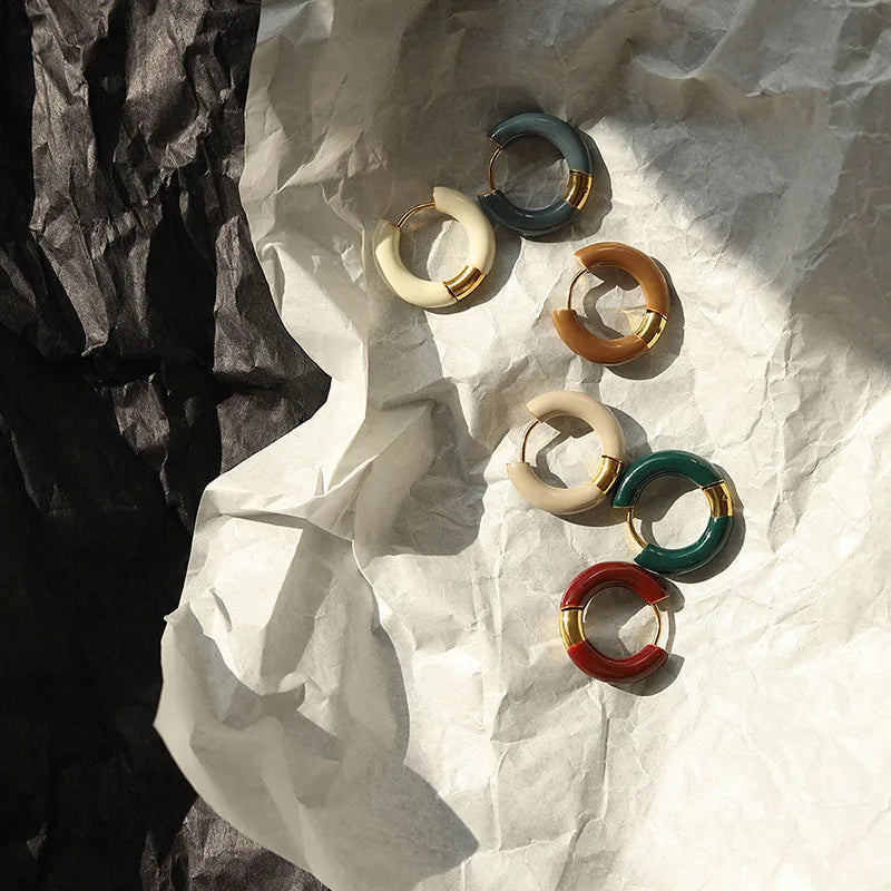 French Vintage 18K Gold Plated Colored Earrings Round Enamel Geometric Stainless Steel  Dripping Oil Hoop Earrings