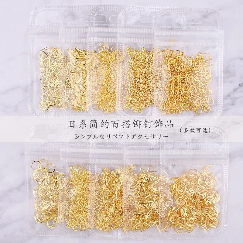 200 Pcs Gold Nails Rivets Triangle Square Round Shaped Metal Star Moon Nail Charms 3D Ocean Starfish Shell Nail Accessories