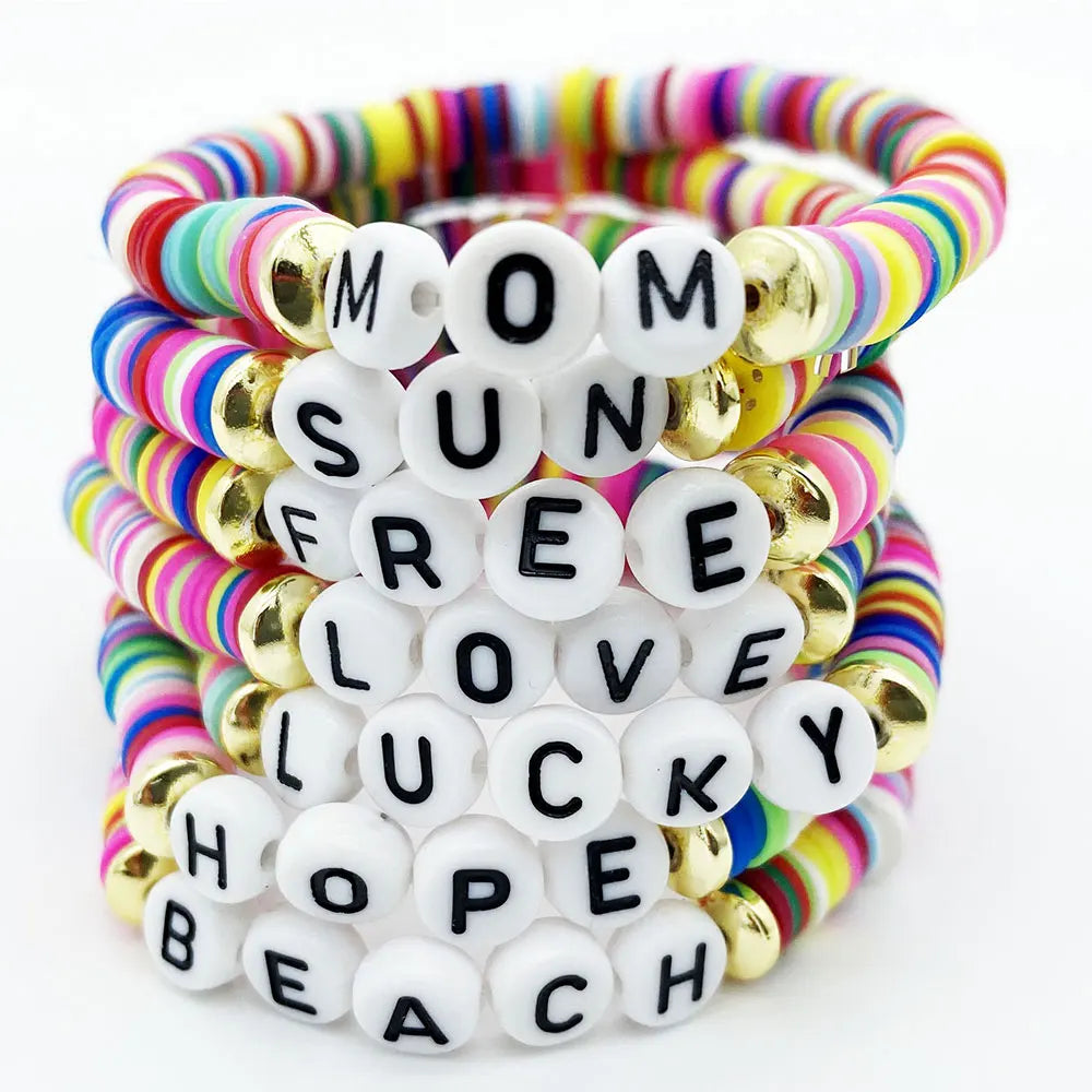 Bohemian Soft Polymer Clay Beads Beaded Elastic Inspire Mom Beach Hope Lucky Free love Acrylic Beads Charm Bracelet Jewellery