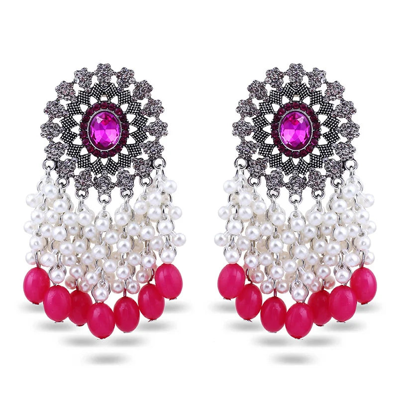 2024 Wholesale Indian Vintage Jewelry Jhumka Jhumki Bahubali Antique Silver Pink Bead Pearl Dangling Earring Boho Jewelry Women