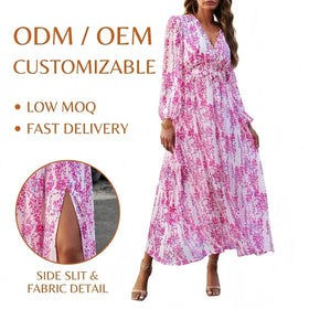 v Neck Long Sleeve Printed Girls Dresses Fashion Autumn Swing Dress Elegant Chiffon Women's Dresses Clothing