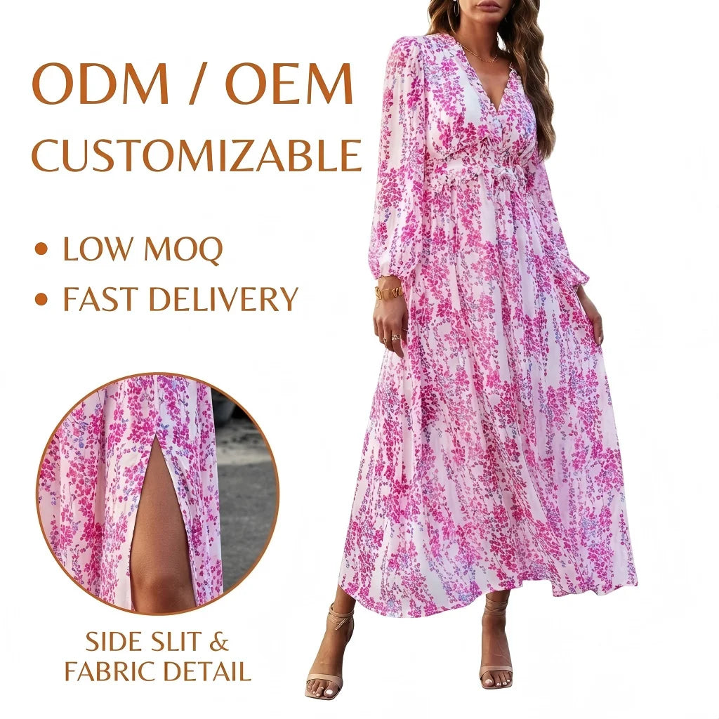 v Neck Long Sleeve Printed Girls Dresses Fashion Autumn Swing Dress Elegant Chiffon Women's Dresses Clothing
