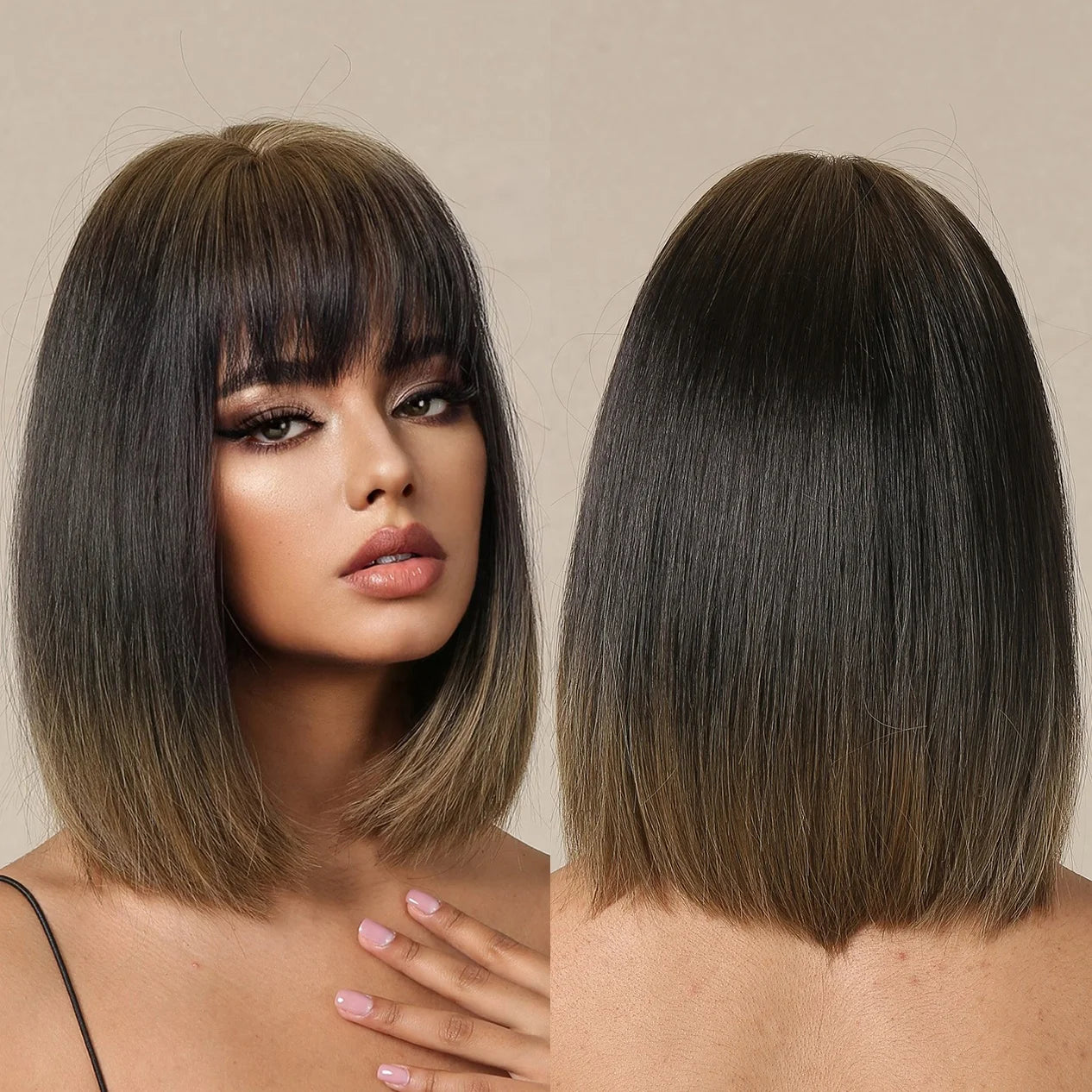 Fast Delivery of Direct Synthesis Bob Wig From the Factory Black Gradient Brown Synthetic Hair Gel Without False Scalp
