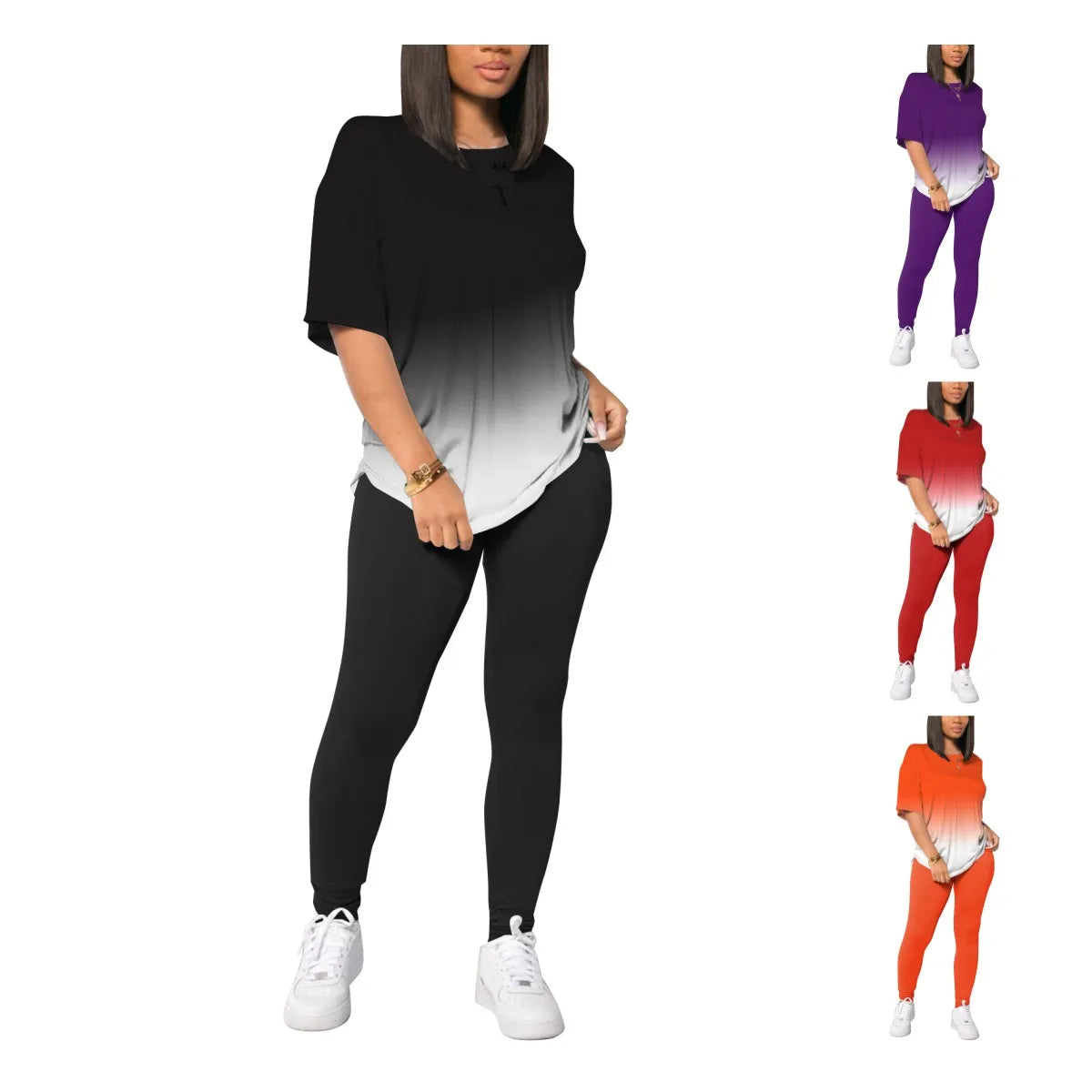 2025 Women's Fashion Ombre Print Tee Leggings Set Solid Pattern Casual Style Summer Streetwear Short Sleeve Loose T-shirt Pants